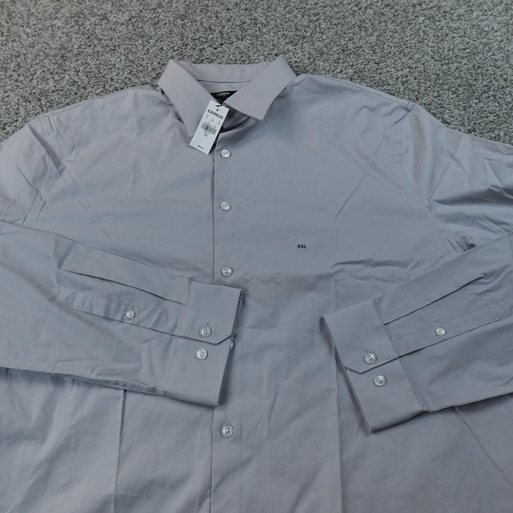 NEW Express Shirt Mens 2XL Gray Slim Stretch Long Sleeve Button Up Dress Casual